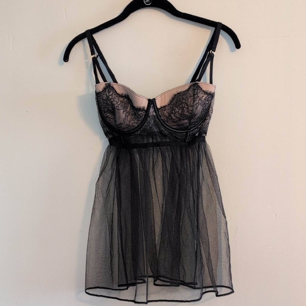Victoria's Secret Black Tan Beige Lace 36D Nightie Lingerie Babydoll Sheer Mesh